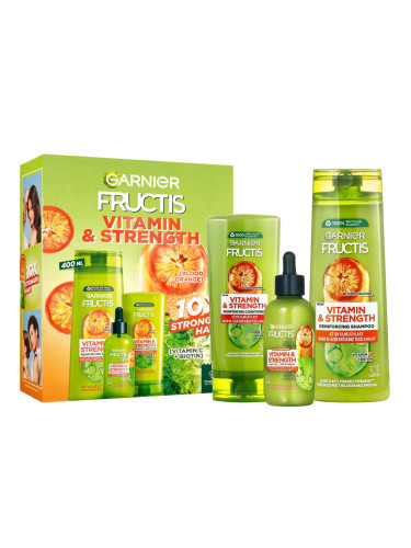 Garnier Fructis Vitamin & Strength Подаръчен комплект шампоан Fructis Vitamin & Strength Reinforcing Shampoo 400 ml + балсам Fructis Vitamin & Strength Reinforcing Conditioner 200 ml + серум за коса Fructis Vitamin & Strength Anti-Fall Treatment 125 ml