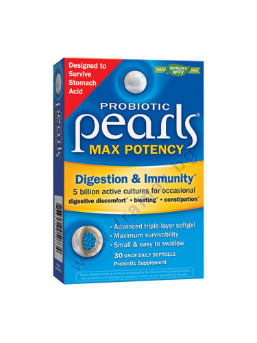 ПЪРЛС ПРОБИОТИКС MAX POTENCY ХРАНОСМИЛАНЕ И ИМУНИТЕТ 5 МЛРД. АКТИВНИ ПРОБИОТИЦИ 4 ЩАМА капсули * 30 NATURE'S WAY