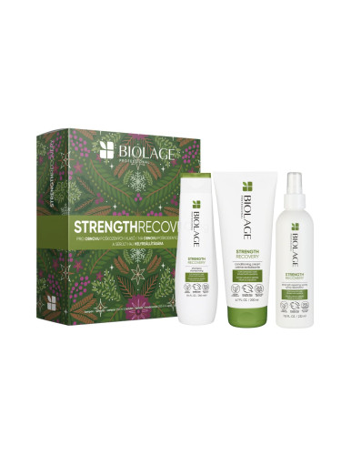 Biolage Strength Recovery Подаръчен комплект шампоан Strength Recovery Shampoo 250 ml + балсам за коса Strength Recovery Conditioning Cream 200 ml + спрей за коса Strength Recovery Strength Repairing Spray 232 ml