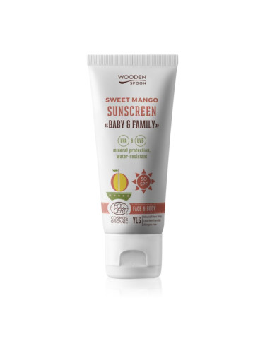 WoodenSpoon Baby & Family Sweet Mango защитно слънцезащитно мляко за цялото семейство SPF 50 100 мл.