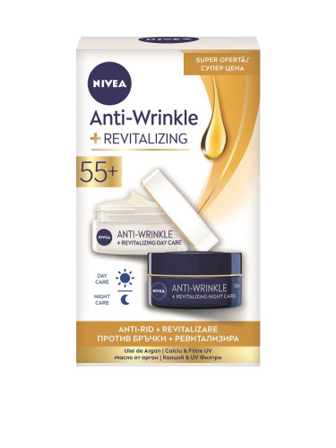 КОМПЛЕКТ Nivea AntiWrinkle+ Възстановяващ дневен + нощен крем против бръчки 55+ Комплект дамски 100ml