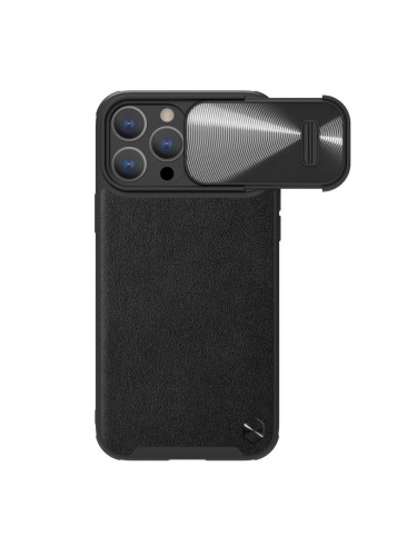 Гръб от естествена кожа с подвижно покритие за камерата NILLKIN CamShield Leather S - iPhone 14 Pro черен