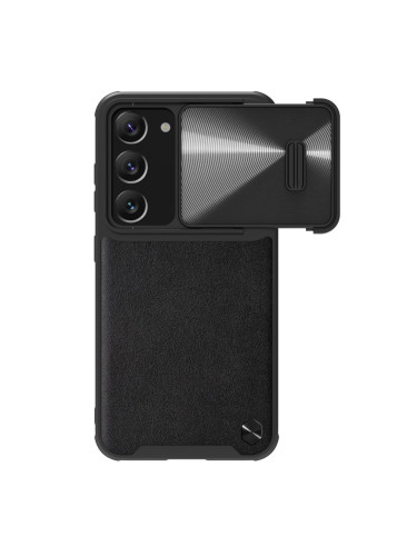 Гръб от естествена кожа с подвижно покритие за камерата NILLKIN CamShield Leather S - Samsung Galaxy S23 черен
