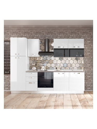 БЯЛА БЛОК КУХНЯ ВАНИА 285/60/216 СМ С  ВКЛЮЧЕН ПЛОТ, ВОДОБРАН, МИВКА И ЕЛЕКТРОУРЕДИ CANDY