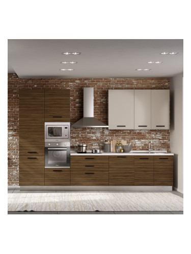 БЛОК КУХНЯ ВАНИА С РАЗМЕР 360/60/240h С  ВКЛЮЧЕН ПЛОТ, ВОДОБРАН, МИВКА И ЕЛЕКТРОУРЕДИ CANDY В ТЪМНА ДЪРВЕСНА ТЕКСТУРА