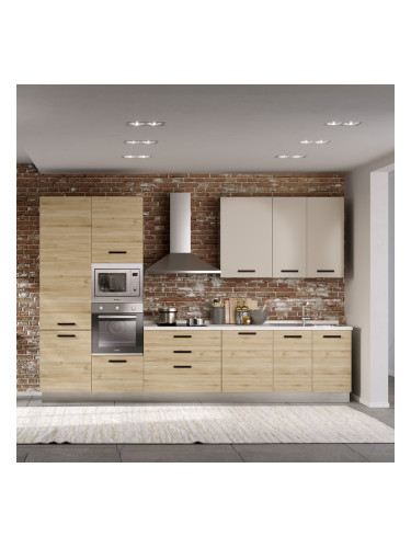 БЛОК КУХНЯ ВАНИА 360/60/240 h С  ВКЛЮЧЕН ПЛОТ, ВОДОБРАН, МИВКА И ЕЛЕКТРОУРЕДИ CANDY В ДЪБОВА ТЕКСТУРА