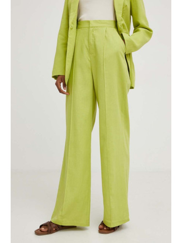 Панталон с лен Answear Lab в зелено със стандартна кройка, с висока талия