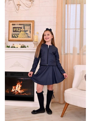 Комплект от кожено яке и кожена пола в тъмносиньо Хенриета