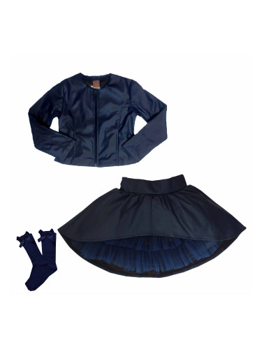 Комплект от кожено яке и кожена изрязана пола с чорапи в тъмносиньо Х