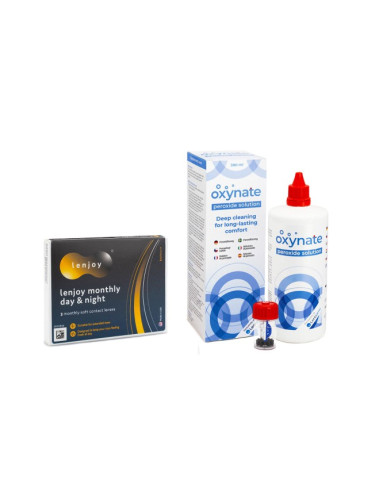 Lenjoy Monthly Day & Night (3 лещи) + Oxynate Peroxide 380 ml с кутийка - контактни лещи за продължително носене, силикон-хидрогелови опаковки сферични, Balafilcon A