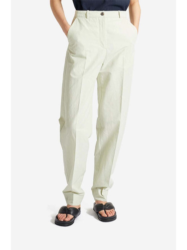 Панталон с лен Wood Wood Courtney Mini Stripe Trousers 12211600-5291 PASTEL GREEN в зелено със стандартна кройка, с висока талия