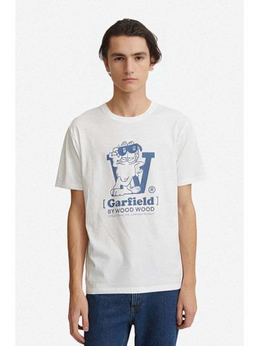 Памучна тениска Wood Wood x Garfield в бяло с десен