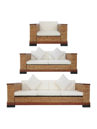 Sonata Комплект дивани с възглавници, 3 части, кафяви, естествен ратан