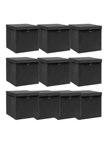 Sonata Кутии за съхранение с капаци 10 бр черни 32x32x32 см текстил