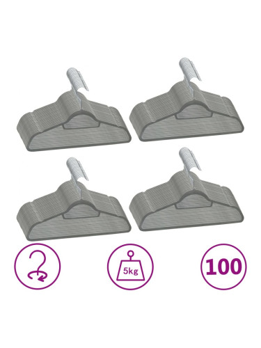 Sonata 100 бр Комплект закачалки за дрехи антиплъзгащи сиво кадифе