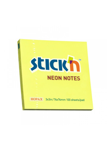 Stick'n Самозалепващи листчета, 76 x 76 mm, неонови, жълти, 100 листа