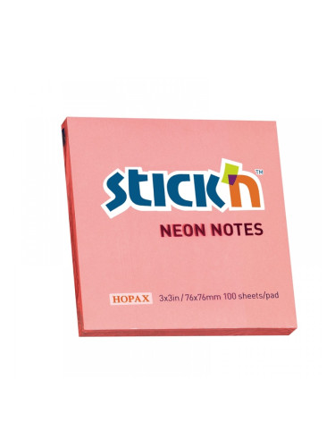 Stick'n Самозалепващи листчета, 76x76 mm, неонови, розови, 100 листа