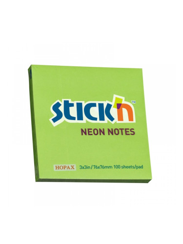Stick'n Самозалепващи листчета, 76x76 mm, неонови, зелени, 100 листа