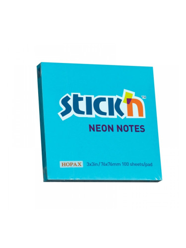 Stick'n Самозалепващи листчета, 76x76 mm, неонови, сини, 100 листа