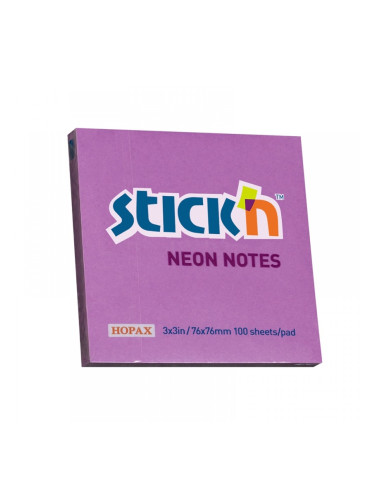 Stick'n Самозалепващи се листчета, 76x76 mm, неонови, виолетови, 100 листа