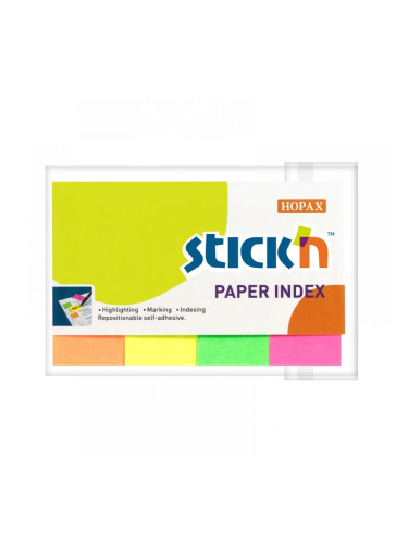 Stick'n Самозалепващи се индекси, хартиени, 20 x 50 mm, неонови, 4 цвята, 200 броя