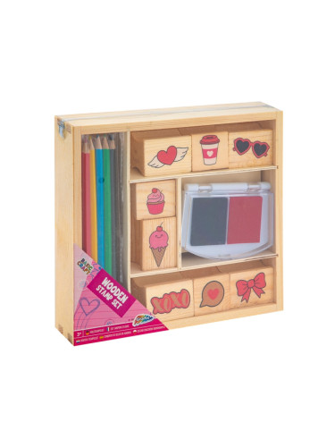 Grafix Комплект дървени печати и цветни моливи, в кутия, розови