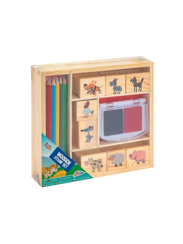 Grafix Комплект дървени печати и цветни моливи, в кутия, сини
