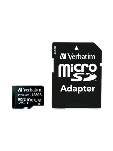 Карта памет 128GB microSDXC с адаптер, Verbatim, Class 10 UHS-I, скорост на четене 90MB/s, скорост на запис 10MB/s