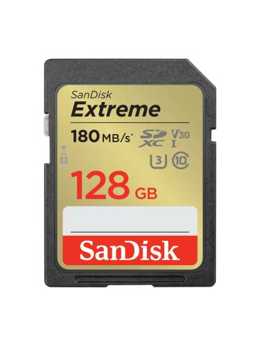 Карта памет 128GB SDXC, Sandisk Extreme, Class 10 UHS-1 U3, скорост на четене 180MB/s, скорост на запис 90MB/s