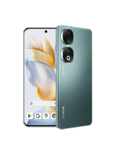 Смартфон Honor 90 (зелен), поддържа 2 SIM карти, 6.7" (17.01 cm) AMOLED дисплей, осемядрен Qualcomm Snapdragon 7 Gen 1 Accelerated Edition 1x2.5 GHz & 3x2.36GHz & 4x1.8 GHz, 12GB RAM, 512GB Flash памет, 200 + 12 + 2 & 50 MPix камери, Android, 183g