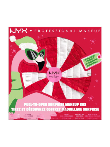 NYX Professional Makeup Fa La La L.A. Land Pull-To-Open Surprise Makeup Box Подаръчен комплект гланц за устни 5 бр + червило 3 бр + руж 1 бр + масло за устни 1 бр + хайлайтър 1 бр + палитра сенки за очи + гъба за грим 1 бр + пила за нокти 1 бр
