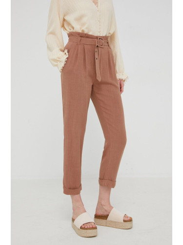 Панталон с лен Answear Lab дамско в кафяво със стандартна кройка, с висока талия