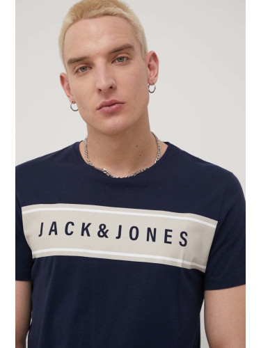 Памучна тениска Jack & Jones в тъмносиньо с принт