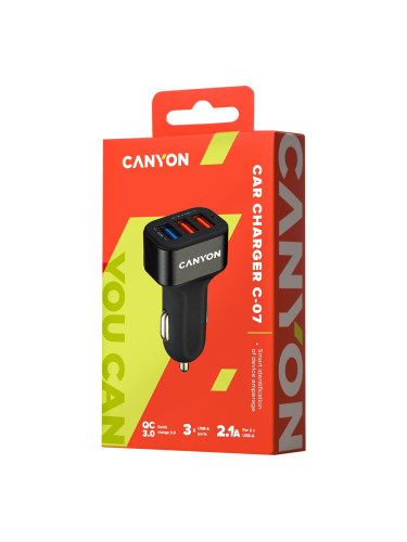 CANYON C-07, Universal 3xUSB car adapter(1 USB with Quick Charger QC3.