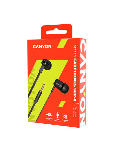 CANYON SEP-4, Stereo earphone with microphone, 1.2m flat cable, Black,