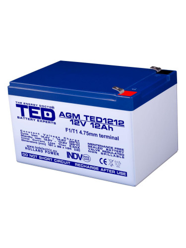 Оловна Батерия TED ELECTRIC, 12V, 12Ah, 152/ 98/ 96 mm, AGM