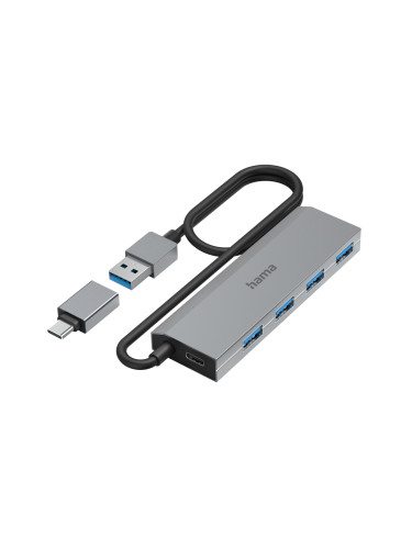 HAMA 4-портов хъб, USB 3.2 Gen 1, 5 Gbit/s, вкл. USB-C адаптер, авт. з