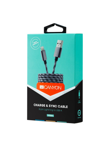 CANYON Lightning USB Cable for Apple, braided, metallic shell, 1M, Dar
