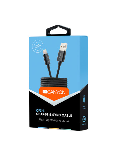 CANYON CFI-3, Lightning USB Cable for Apple, braided, metallic shell, 