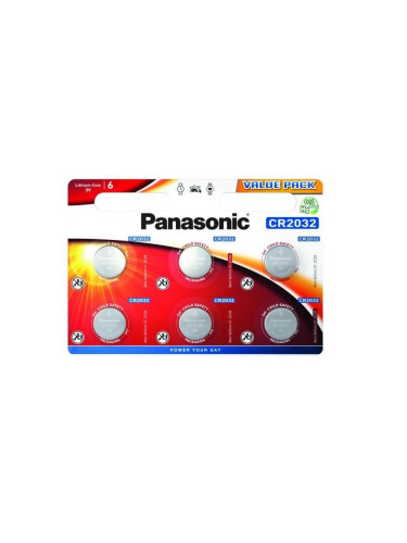 Бутонна батерия литиева PANASONIC CR2032, 3V, 6 бр. в блистер /цена за
