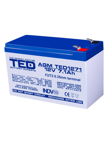 Оловна батерия TED ELECTRIC, AGM, 12V, 7Ah, 151/ 65/ 94 mm, Терминал2