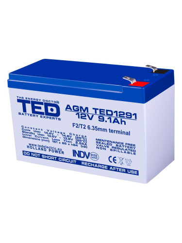 Оловна батерия TED ELECTRIC, AGM, 12V, 9Ah , 151/ 65/ 94 mm, Терминал2