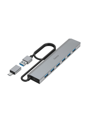 HAMA 7-портов хъб, USB 3.2 Gen 1, 5 Gbit/s, USB-C адаптер със захранва