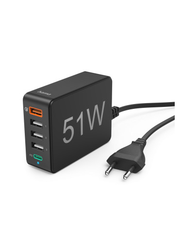 Мрежово зарядно HAMA 51 Watt, 5xUSB, QC3.0, 3x USB-A, USB-C PD, Черен