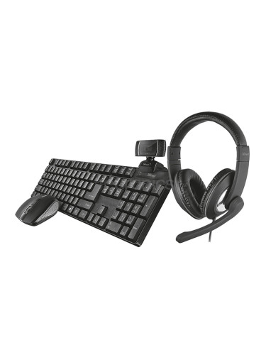 Комплект клавиатура, мишка, слушалки и камера Trust Qoby 4-in-1 Home Office Set (24040), безжични, USB, оптична мишка (1600 dpi), 720Mpix, USB, AUX, черни