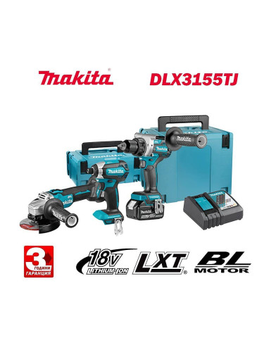 Акумулаторни инструменти Makita DLX3155TJ (Винтоверт DDF486 + Ударен/Impact винтоверт DTD153 + Ъглошлайф DGA504), 18V, LXT, 2x5Ah