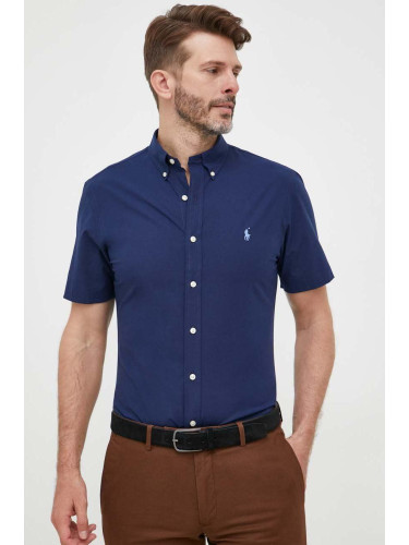 Риза Polo Ralph Lauren мъжка в тъмносиньо с кройка по тялото с яка с копче