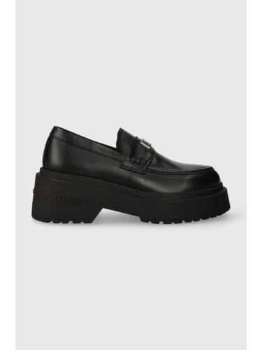 Кожени мокасини Tommy Jeans TJW CHUNKY LOAFER в черно с платформа EN0EN02320