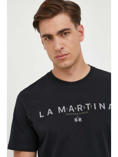 Памучна тениска La Martina в черно с принт