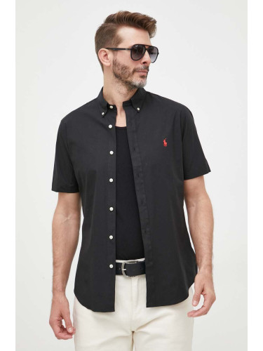 Риза Polo Ralph Lauren мъжка в черно с кройка по тялото с яка с копче